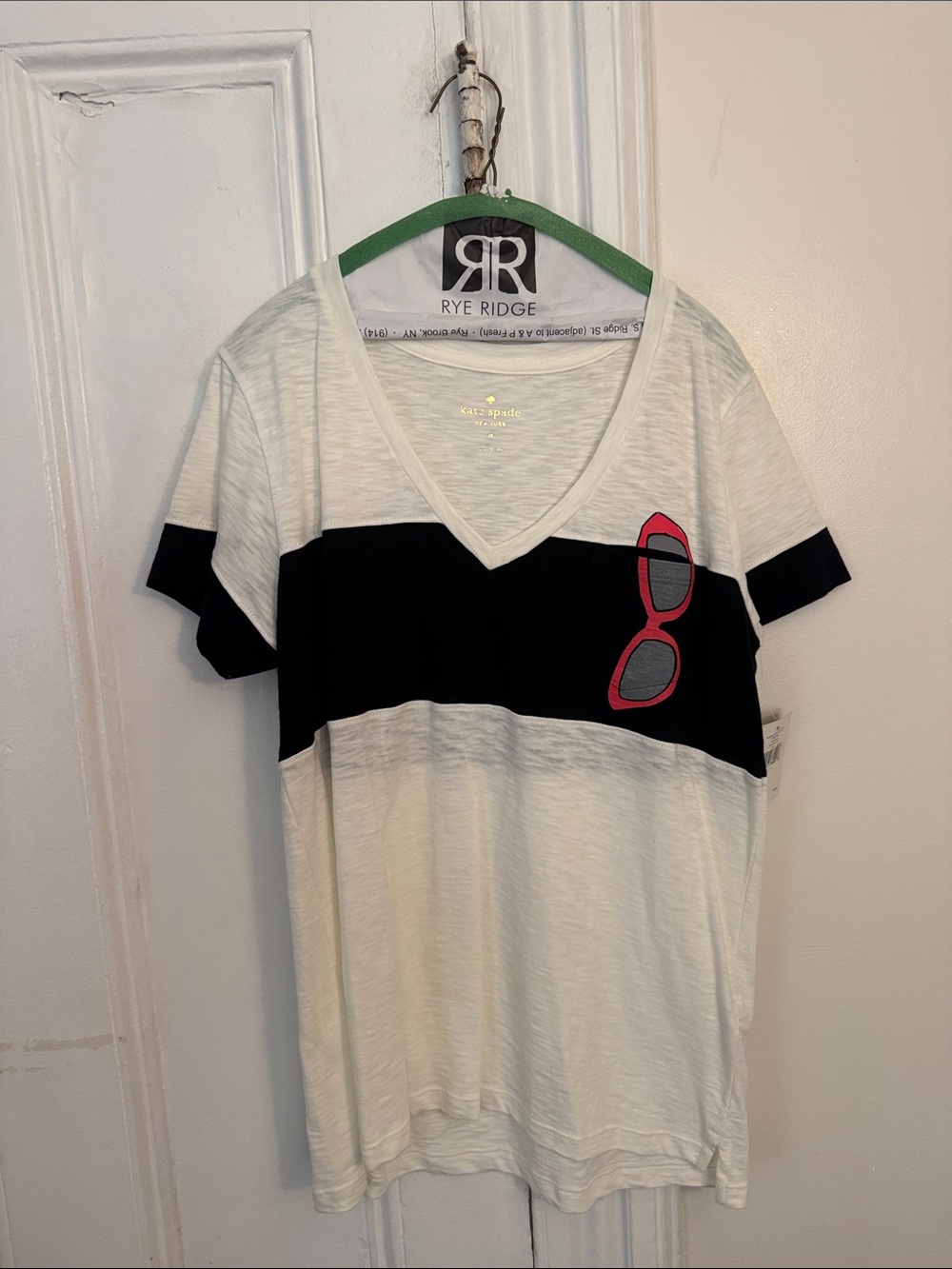 kate spade White Tee with Black Chest Stripe and Pink Sunglasses Patch